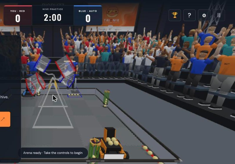 BIOBUZZ Sim: the orange Trionix robot on a 3D BIOBUZZ field with a scoreboard and a cheering crowd